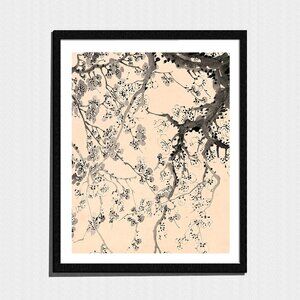 Art Print, Neutral Cherry Tree Blossoms Botanical Painting